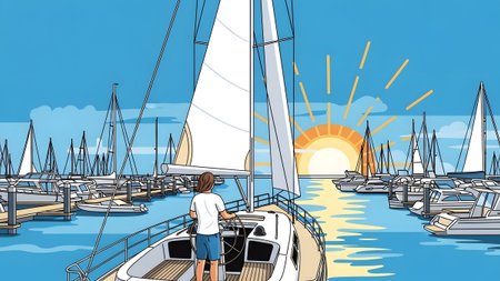 Person steers a sailboat in a marina with many boats at sunrise reflecting on water Clear details...の写真素材