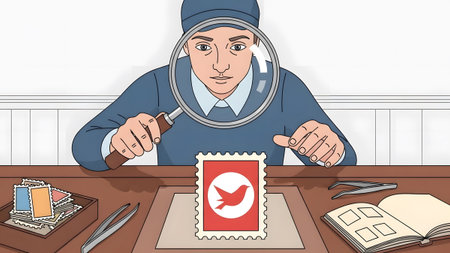 A person peers through a magnifying glass at a red postage stamp with a bird symbol. Clear detail...