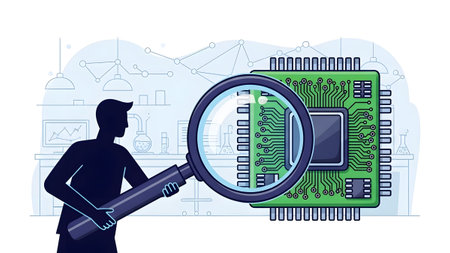 A silhouette of a person holds a magnifying glass to inspect a computer circuit board. Clear deta...
