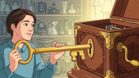 A person's hands insert a large golden key into the lock of an antique wooden music box.の写真素材