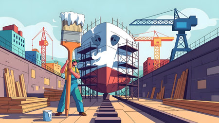 A worker in a shipyard paints a large ship hull with a giant paintbrush in a dry dock. Clear deta...の写真素材