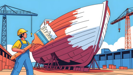 A man in overalls paints a large ship hull red and white in a busy shipyard. Clear details and vi...の写真素材
