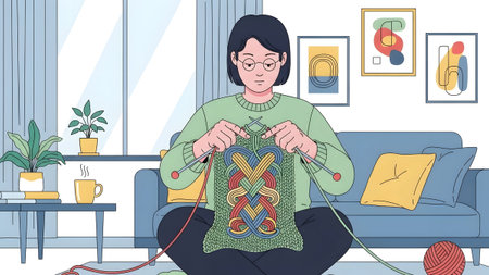 Craft showing woman knitting a colorful braided pattern in a cozy living room setting :...