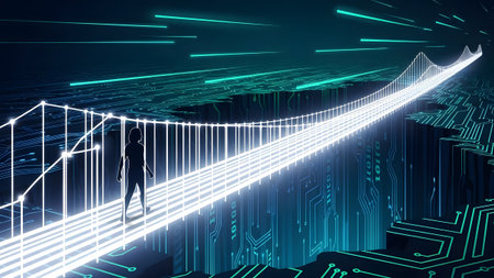 A silhouette of a woman walks across a bright, glowing bridge in a digital landscape with code...の写真素材