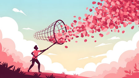 Photo showing person catching pink petals in butterfly net. High resolution image suitable for...の写真素材
