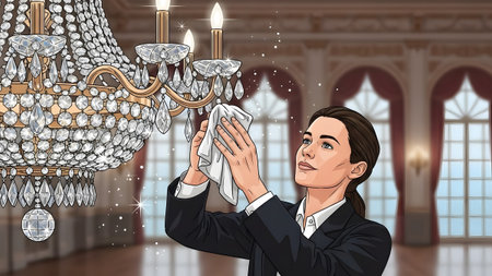 A woman in a suit carefully cleans a sparkling crystal chandelier with a white cloth Clear detail...の写真素材