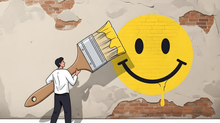 A man paints a large yellow smiley face with dripping paint onto a textured wall. Clear details a...の写真素材