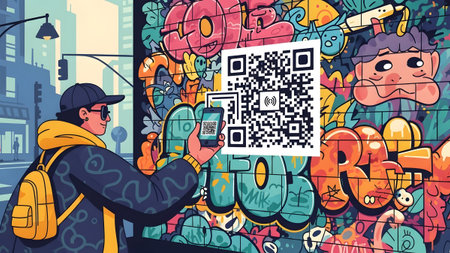 Man scans QR code on vibrant graffiti wall with smartphone in urban setting Clear details and vib...の写真素材