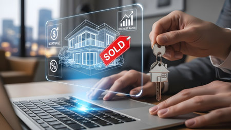Agent holding keys for house sold with holographic real estate display on laptop showing icons