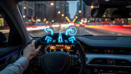 View from inside a car driving at night with a holographic HUD showing navigation and speed.