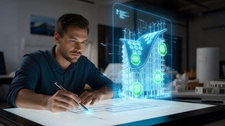 Architect examines a 3D holographic building design, interacting with digital elements. Clear det...