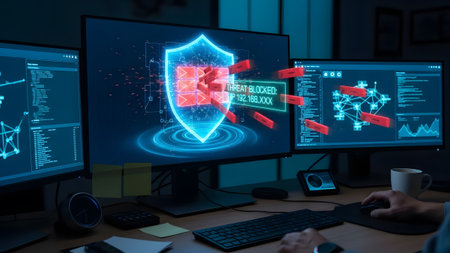A glowing shield on a monitor displays THREAT BLOCKED amidst a cybersecurity concept. Clear det...