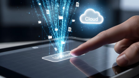 Finger touches tablet screen, uploading data to cloud with binary code and files. Clear details a...