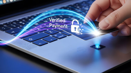 Hand with credit card near laptop fingerprint scanner with verified payment icon Clear details an...