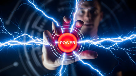 Button showing hand reaching for red power button surrounded by blue lightning : power,...