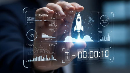 Hand touches a futuristic holographic display showing space mission data and rocket launch.