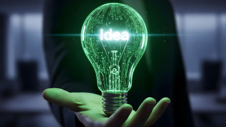 Hand holds a glowing light bulb with circuit board pattern and the word Idea. Clear details and v...