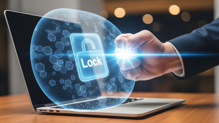A fist breaks through a glowing digital lock shield over a laptop screen. Clear details and vibra...