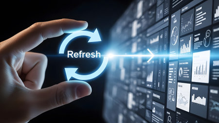 Hand touches refresh icon with digital data screens in background Clear details and vibrant color...