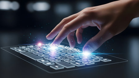 Hand interacts with a futuristic holographic keyboard displaying gesture control. Clear details a...