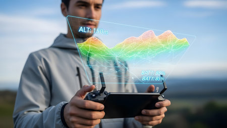 Man holds drone controller with holographic topographic map showing altitude and battery