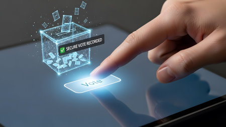 Hand pressing vote button on digital tablet with secure holographic ballot box Clear details and ...
