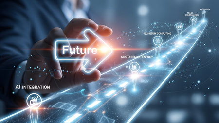 Hand holds glowing future arrow on a road of digital connections and future tech icons. Clear det...