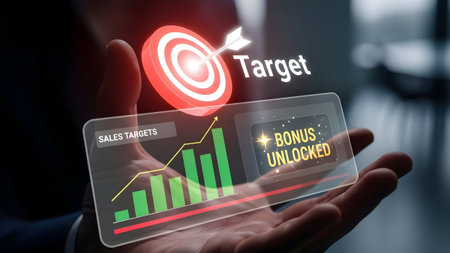 Hand holding a holographic display showing sales targets graph and bonus unlocked Clear details a...
