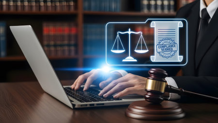 Person typing on laptop with digital scales of justice and verified document icons. Clear details...