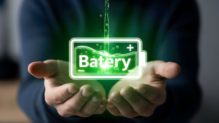 Hands cupping a glowing battery icon with green liquid pouring into it Clear details and vibrant ...