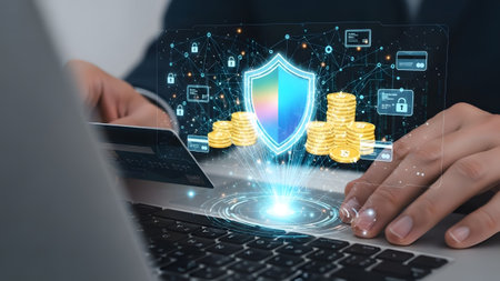 Credit card and hand near laptop with digital shield, coins, and network hologram. Clear details ...