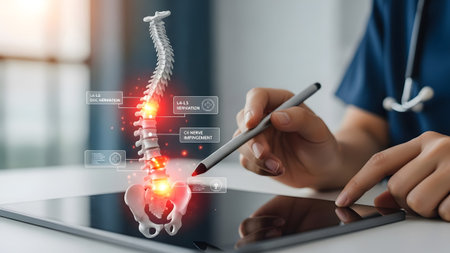 Medical professional points to spine hologram on tablet showing L4-L5 disc herniation and nerve...