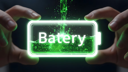 Hands holding a glowing battery icon with green liquid and bubbles inside Clear details and vibra...