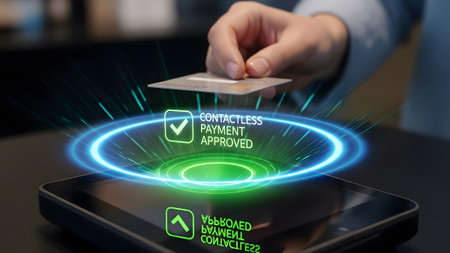 Hand holding credit card over payment terminal with glowing contactless payment approved display