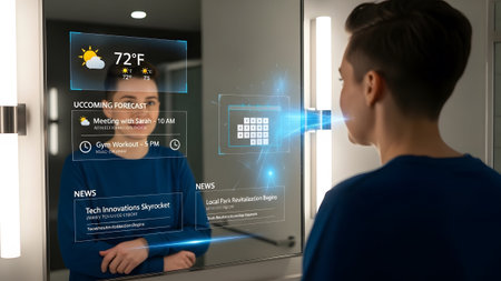 Man looks into a smart mirror displaying weather, calendar, and news updates in a modern bathroom.