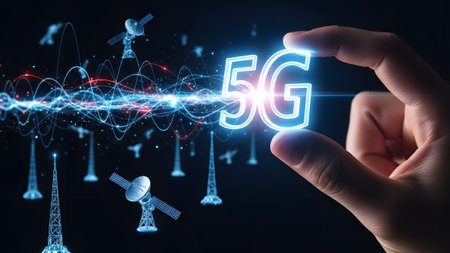 Hand holds glowing 5G symbol with network towers and satellites in background Clear details and v...