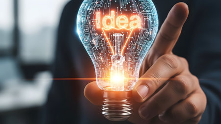 Hand touches a glowing light bulb with circuit board pattern and the word Idea. Clear details and...