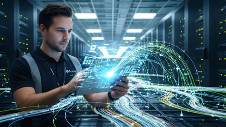 Man holds tablet showing glowing digital network data in a server room. Clear details and vibrant...