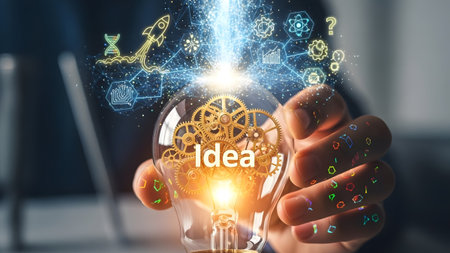 Hand holding a glowing light bulb with internal gears and surrounding innovation icons. Clear det...