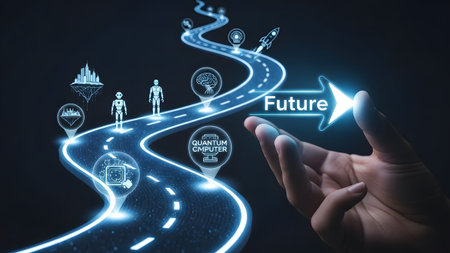 A hand gestures towards a digital road with icons representing future technologies and progress.
