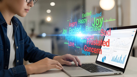 Person using a laptop with a holographic display of emotional words and data charts Clear details...