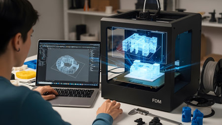 A person designs a building model on a laptop for a 3D printer in a workshop. Clear details and v...