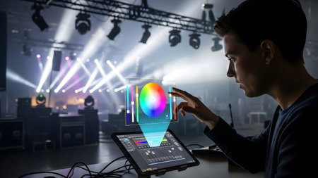 Lighting technician uses a tablet with a holographic interface to control stage lights. Clear det...