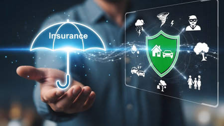 Hand holds glowing umbrella over digital shield with icons for home car family and weatherの写真素材