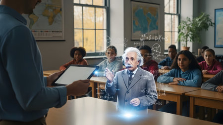 Teacher uses tablet to project a glowing blue hologram of Albert Einstein with math equations in...
