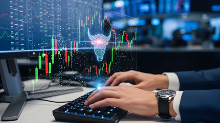 Computer screen shows stock market graphs, a bull symbol, and candlestick charts with hands typing.