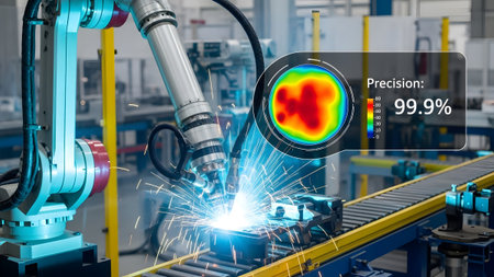 Robotic arm welds metal in factory, with a holographic overlay showing precision data. Clear deta...