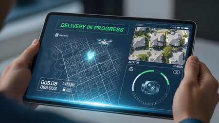 Tablet screen displays drone delivery status with map, altitude, and camera feed. Clear details a...