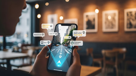 Person holding phone showing AR view of city street with business review pop-ups. Clear details a...