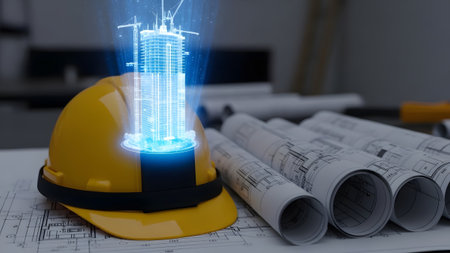 A yellow hard hat and holographic building model are placed on architectural blueprints.